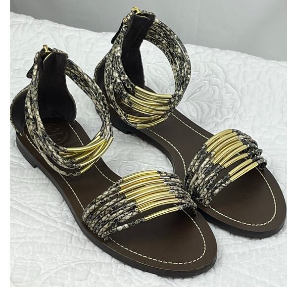 Tory Burch Women's Size 7 Gold/Brown Mignon Rings Snakeskin Print Leather Sandal - Picture 1 of 10